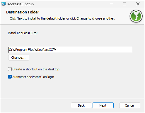 KeePassXC インストールパスの選択と自動起動オプション設定画面