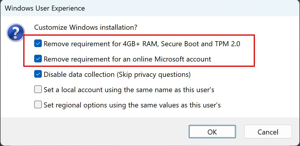 Rufusユーザーエクスペリエンス設定